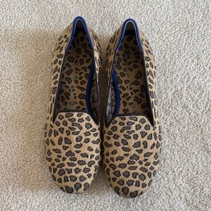 Rothy's Leopard Print Slip-On Flats in Tan and Black with Blue Trim